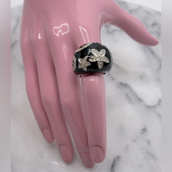 Chunky Black Enamel & Silver Tone Crystal Ring with Design - Picture 4 of 12